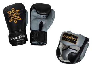 「Kanong」ボクシンググローブ  + ヘッドガード 本革  : 黒/灰色